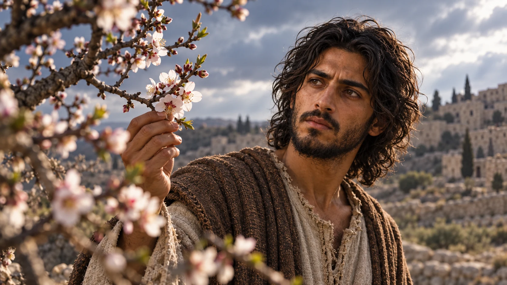Jeremiah studies the first almond blossoms against a cold early spring sky.