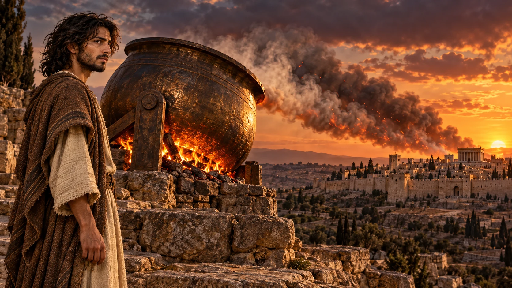 Jeremiah watches a vision of a tipped bronze cauldron, its smoke moving toward Jerusalem.