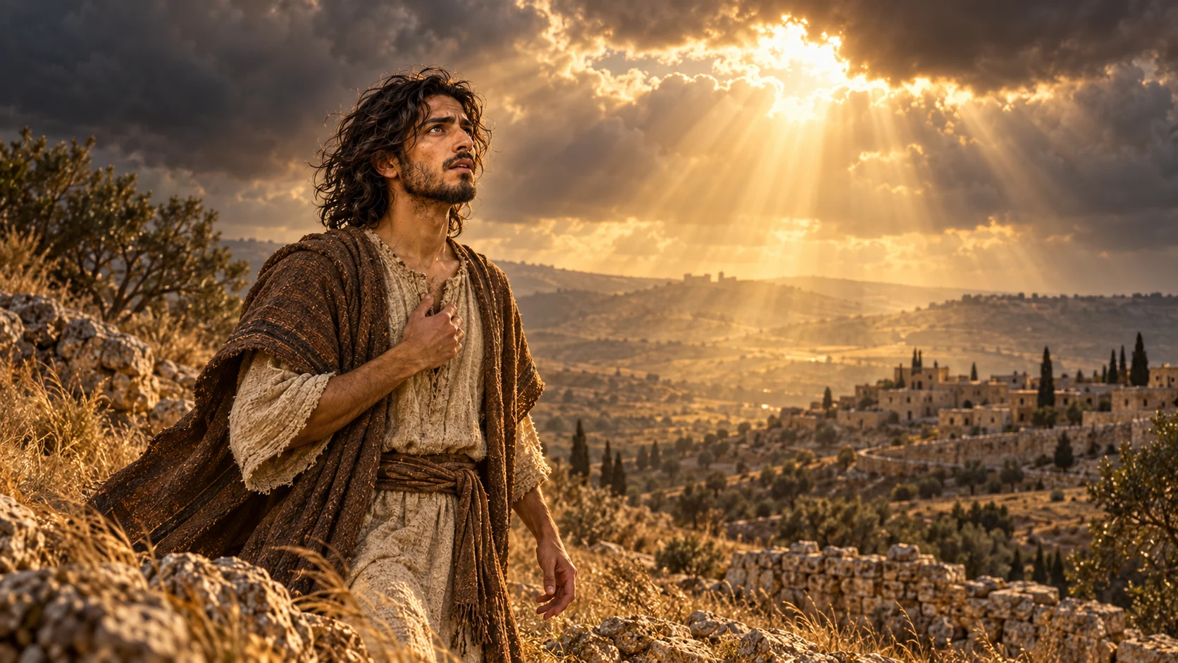 Jeremiah stands alone on a windswept hillside as sunlight breaks through storm clouds; no divine figure appears.