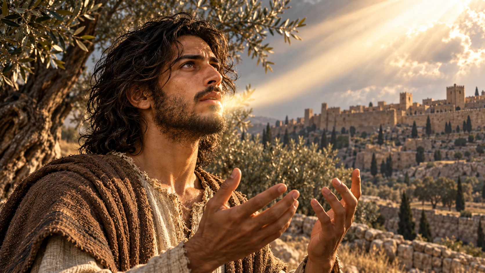 Jeremiah receives his commission in a shaft of warm light among olive trees outside Jerusalem.