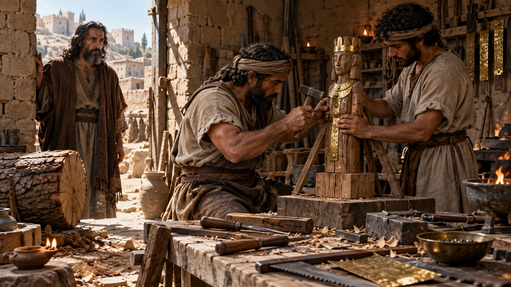 Jeremiah observes artisans making a small wooden figure in an Iron Age workshop.