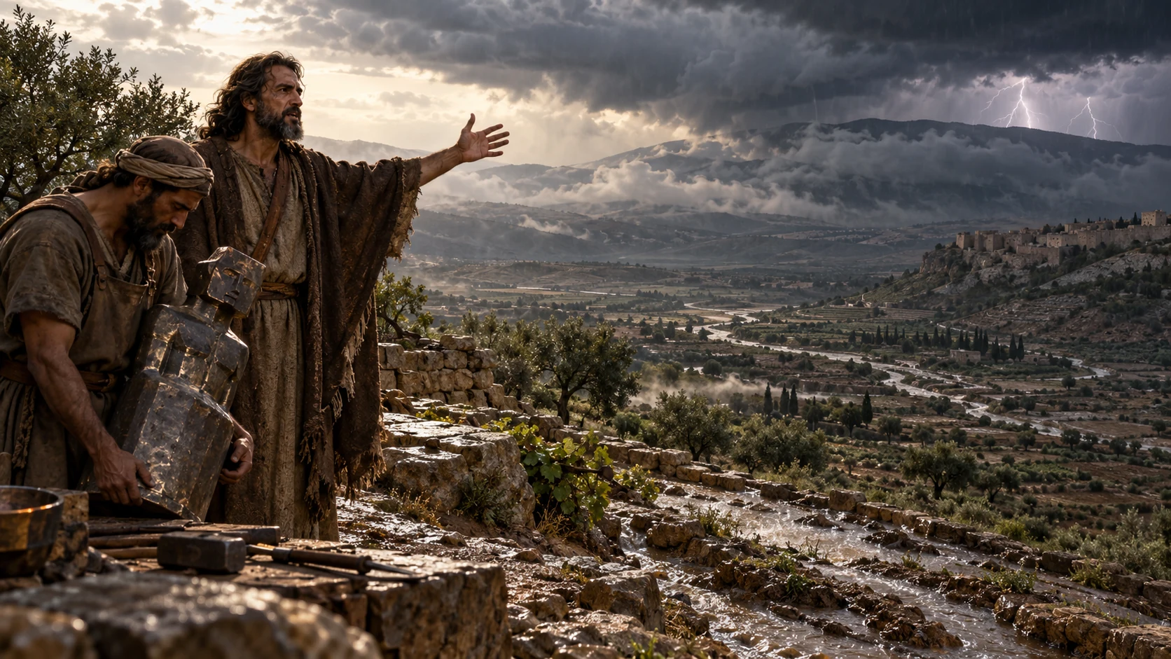 Jeremiah and a metalworker watch storm and rain move across Judean terraces.