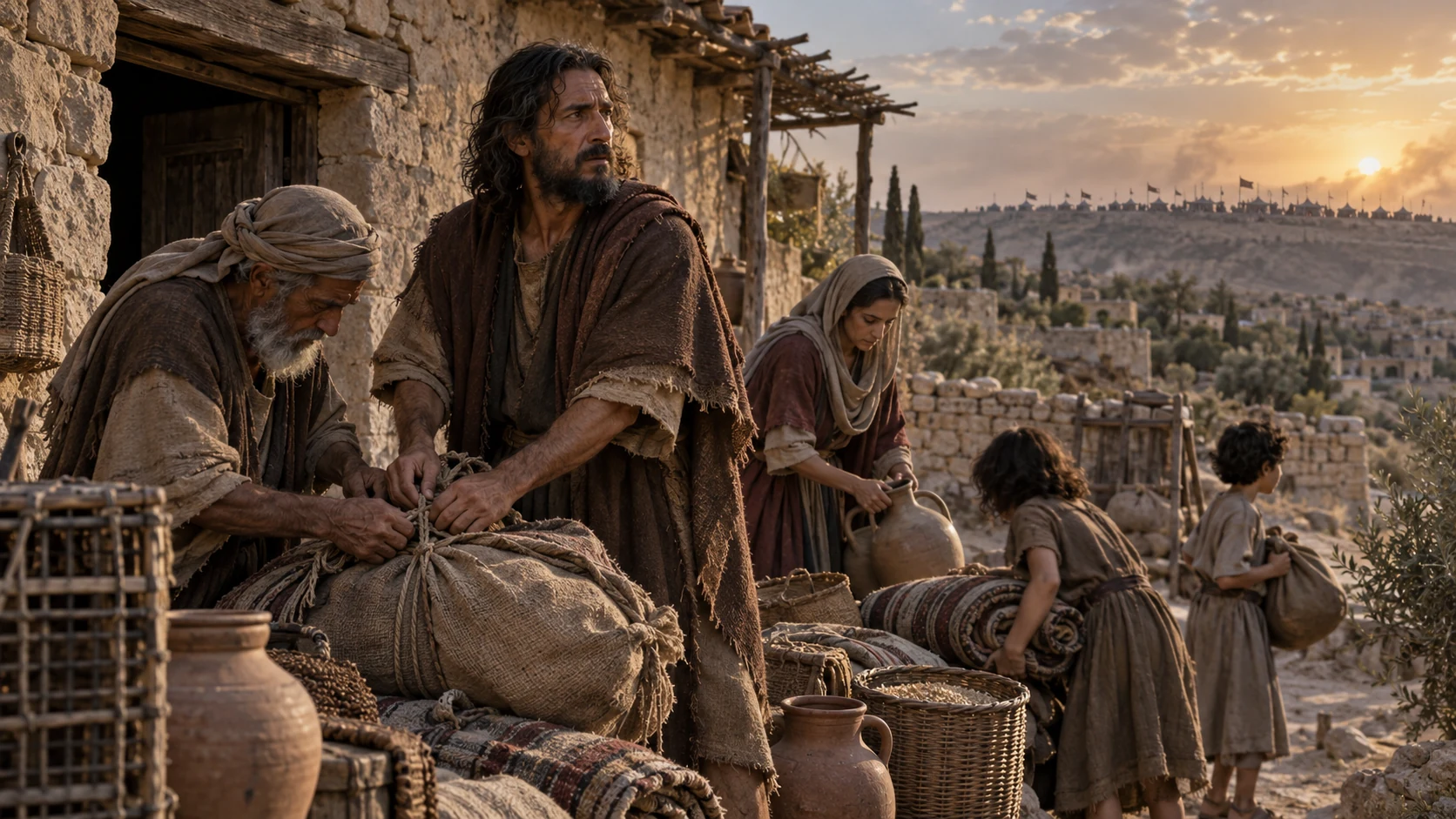 Jeremiah helps a family tie travel bundles with distant tents on the horizon.