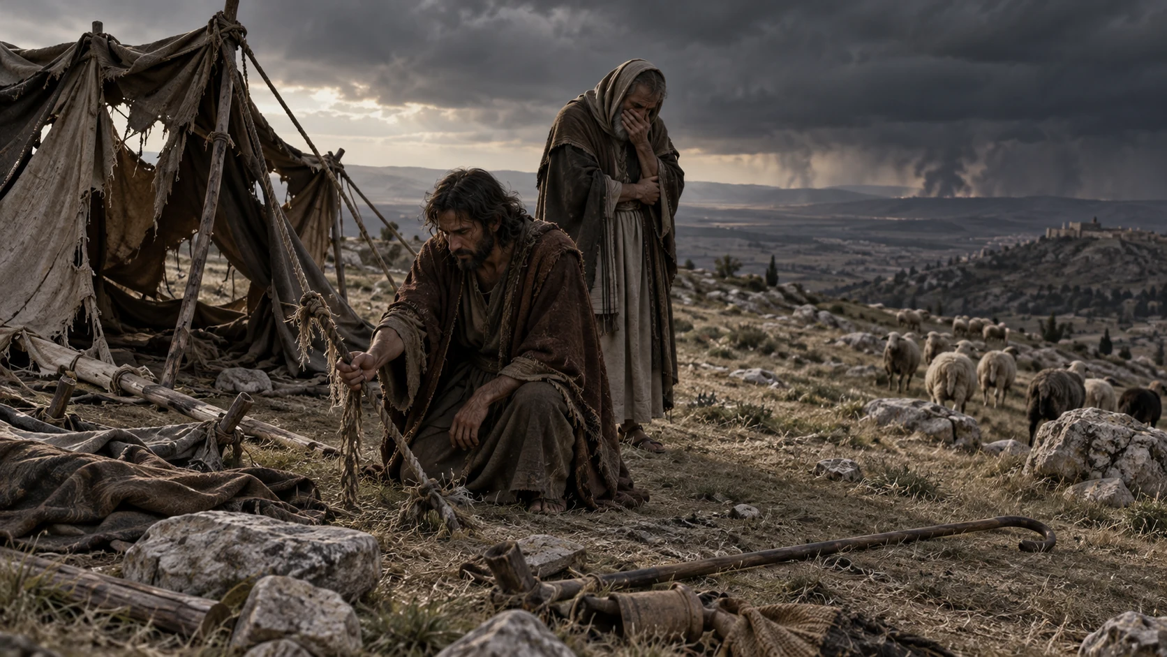 Jeremiah lifts a torn rope beside an empty tent and scattered sheep under dark skies.
