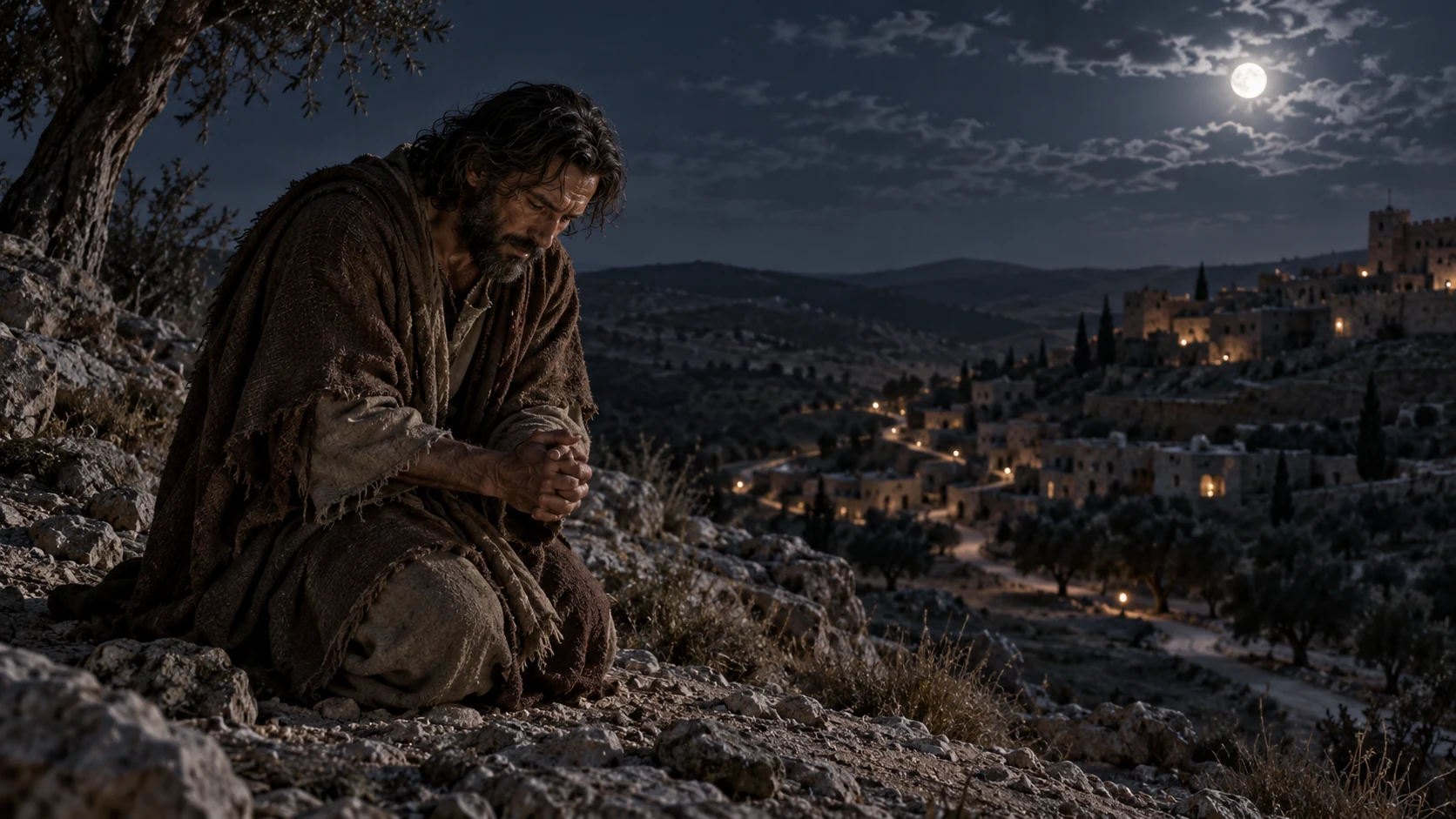 Jeremiah kneels on a hillside at night above a few lamps and a winding road.
