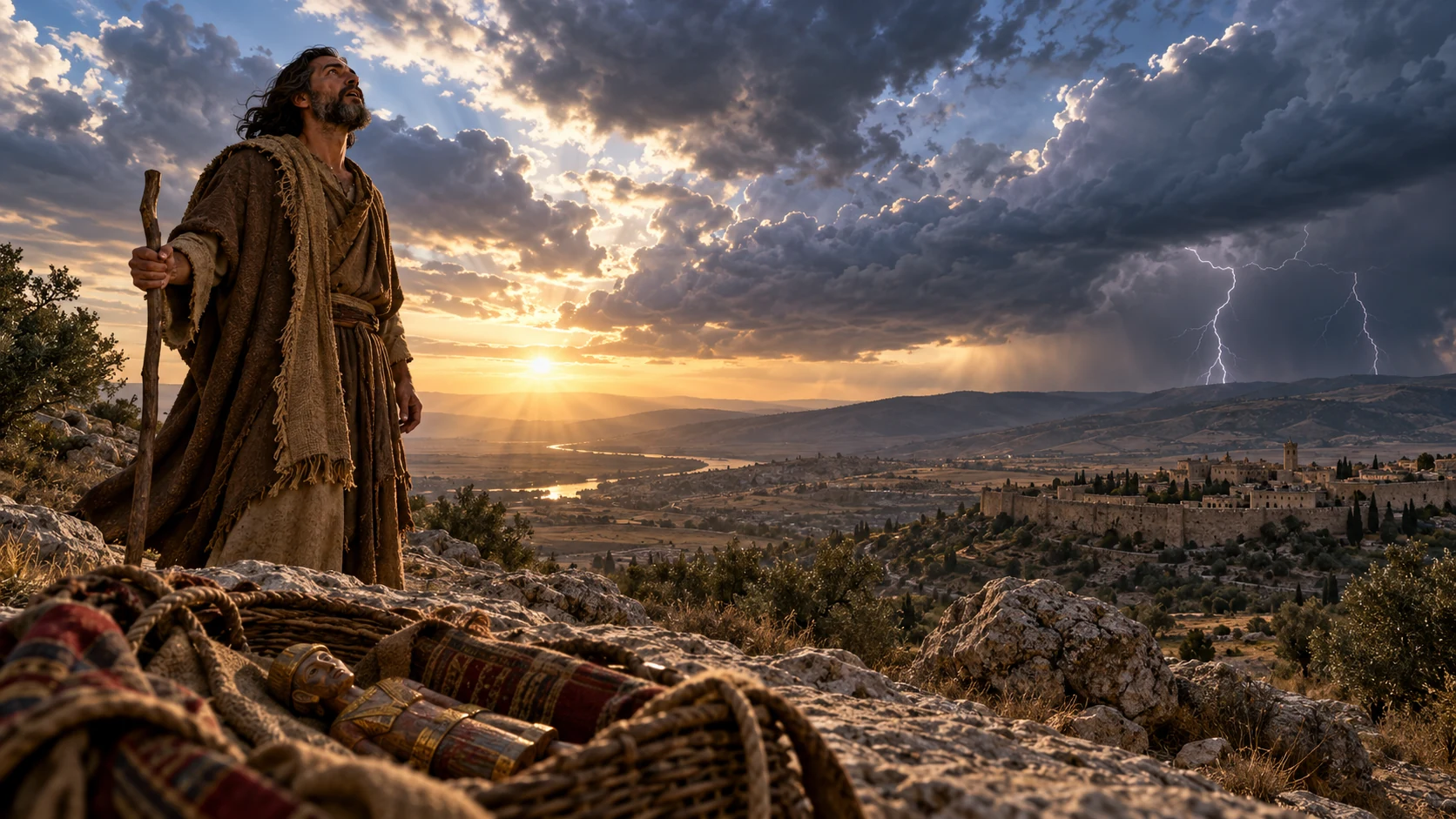 Jeremiah stands beneath a vast changing sky while an inert figure rests in a basket.