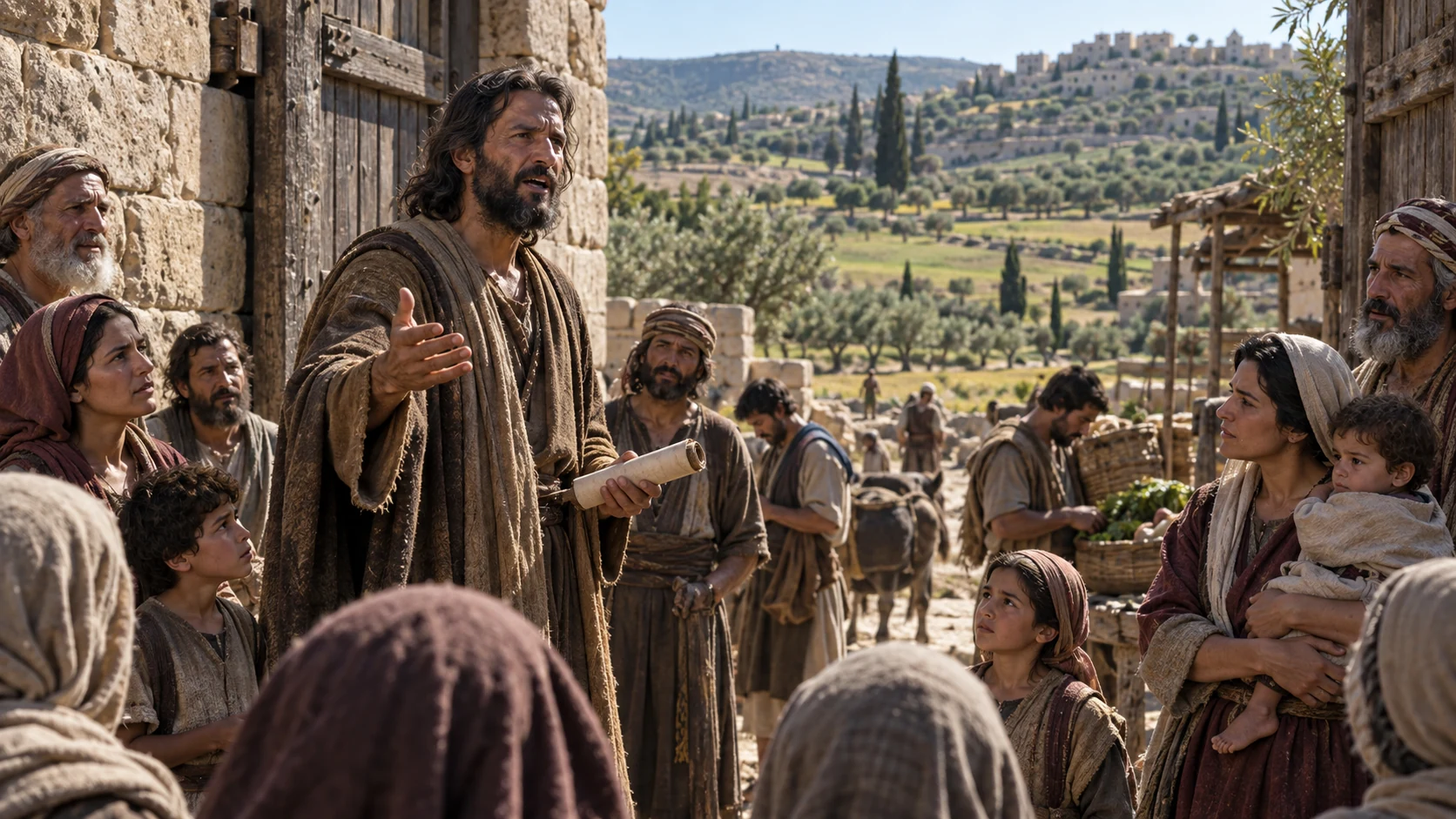 Jeremiah speaks with a scroll to families at a town gate above fertile olive terraces.