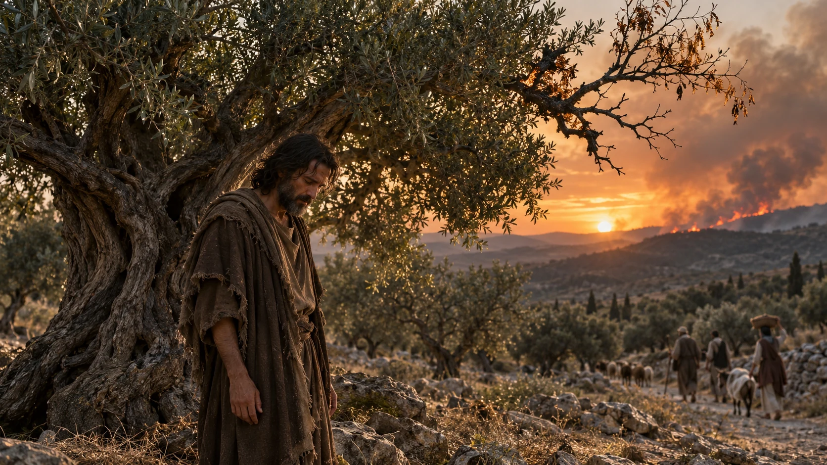 Jeremiah mourns beside a partly scorched olive tree in an open grove.