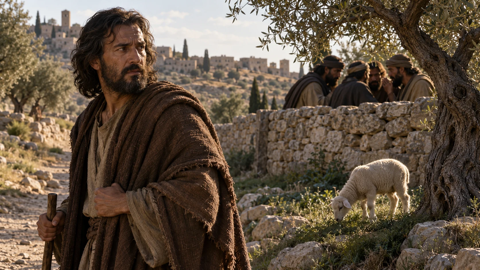 Jeremiah notices whispering men behind a stone wall while a lamb grazes nearby.