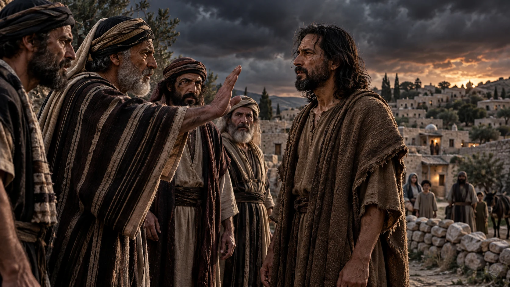 Anathoth elders confront Jeremiah at the village edge beneath a darkening sky.