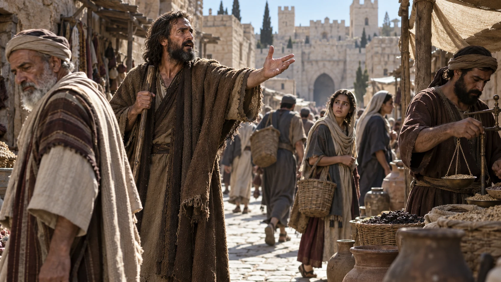 Jeremiah speaks in a Jerusalem street as merchants and passersby turn away.