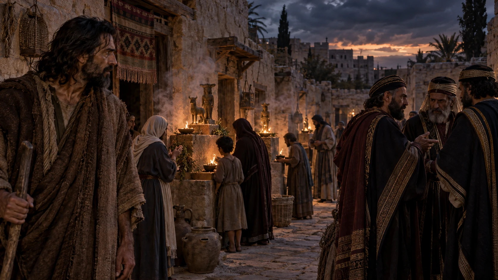 Jeremiah watches residents at small incense altars while influential townsmen confer nearby.
