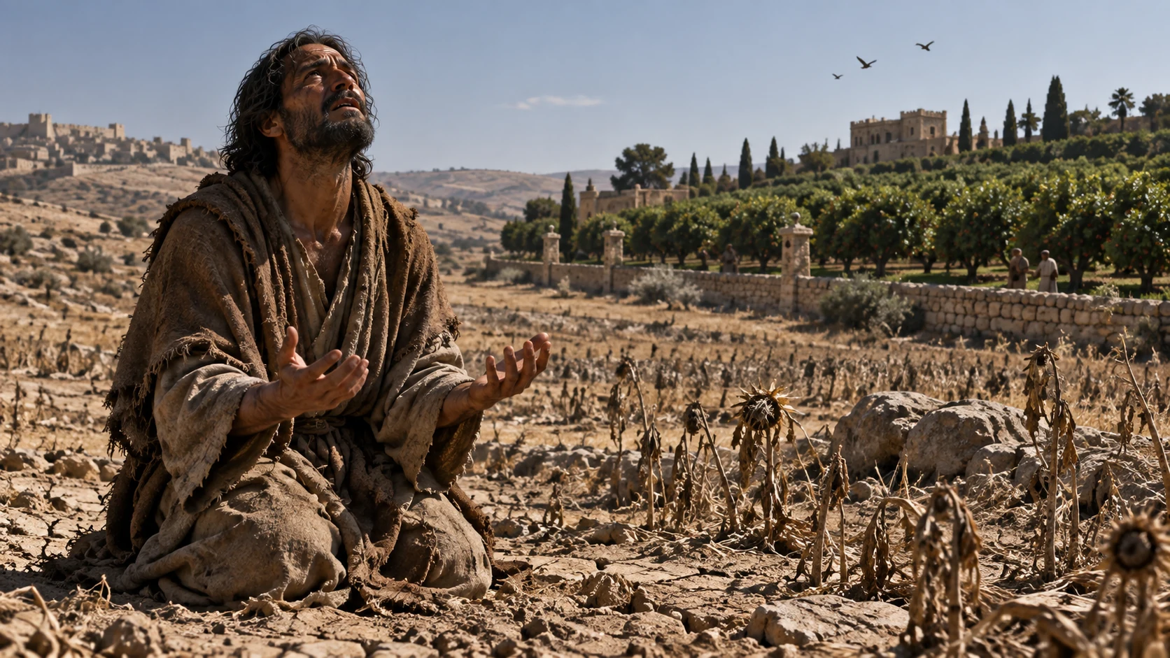 Jeremiah kneels in a withered field opposite a prosperous orchard.