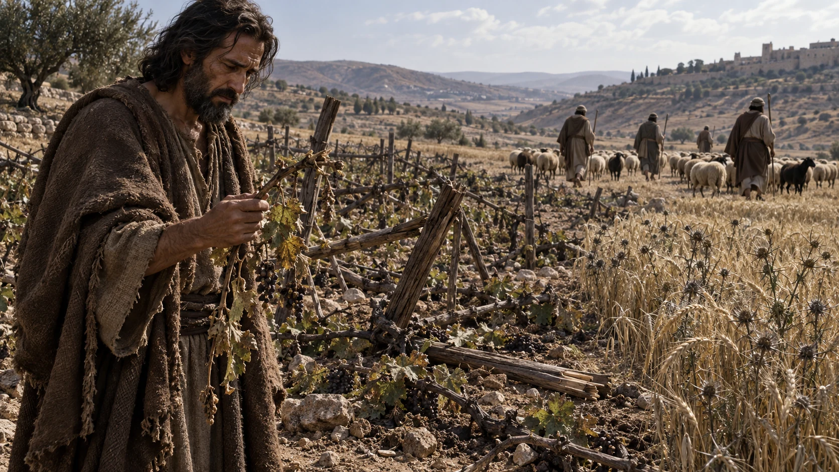 Jeremiah holds a broken vine amid collapsed trellises and a thorny wheat field.