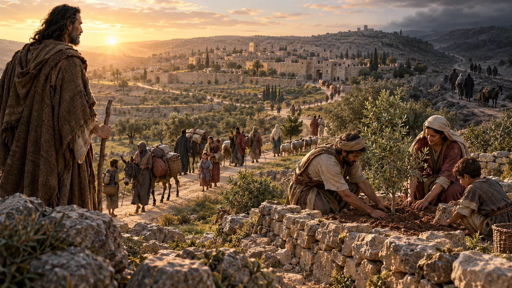Jeremiah watches returning families replant an olive sapling as paths diverge at dawn.