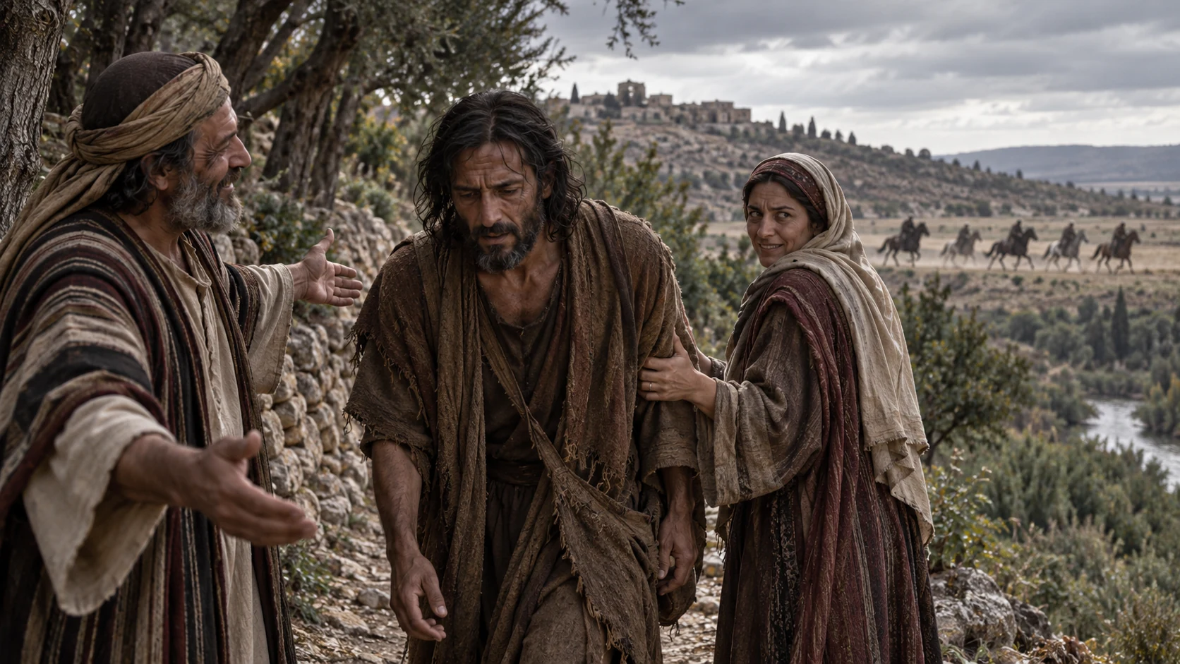 An exhausted Jeremiah meets guarded relatives beside a path as distant horses cross a field.