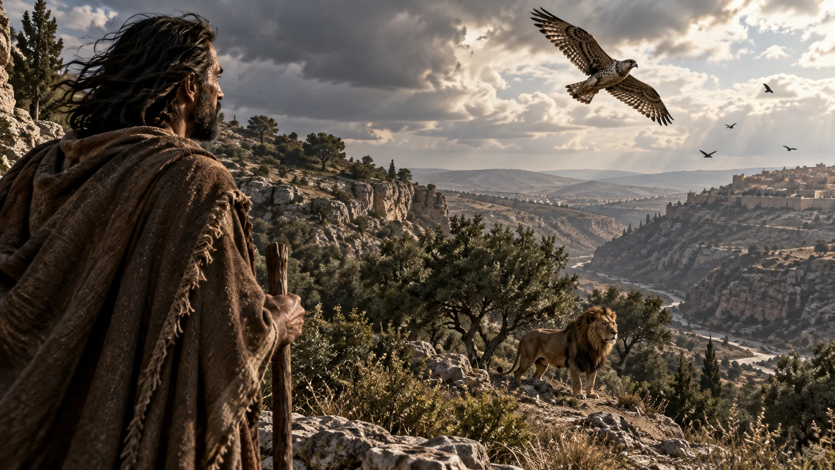 Jeremiah looks across a ravine with a lion below and a speckled bird circling above.