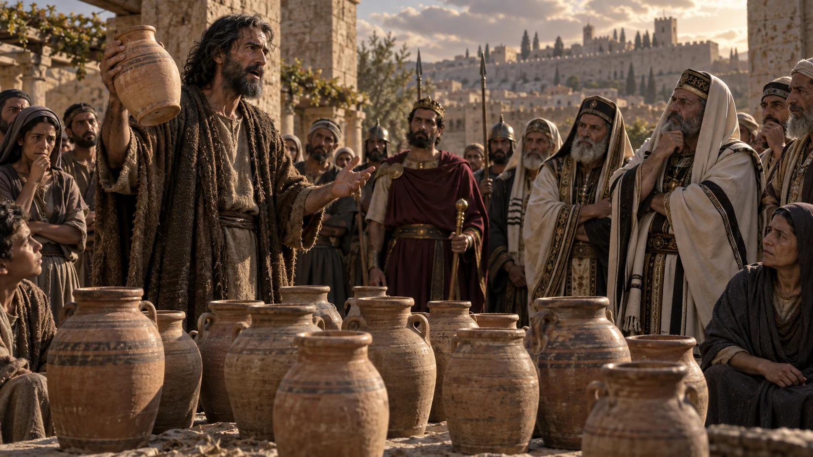 Jeremiah lifts one of many clay jars before townspeople, priests, and a royal messenger.