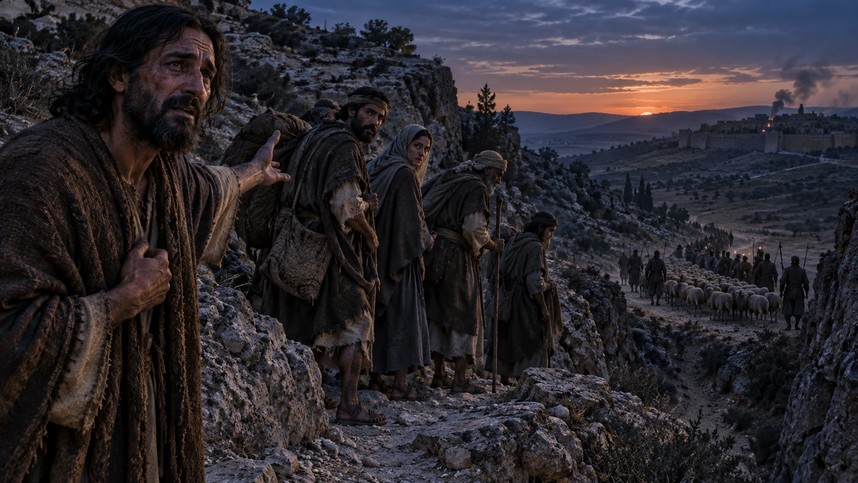 Jeremiah warns travelers on a twilight path while a flock is led away in the valley.