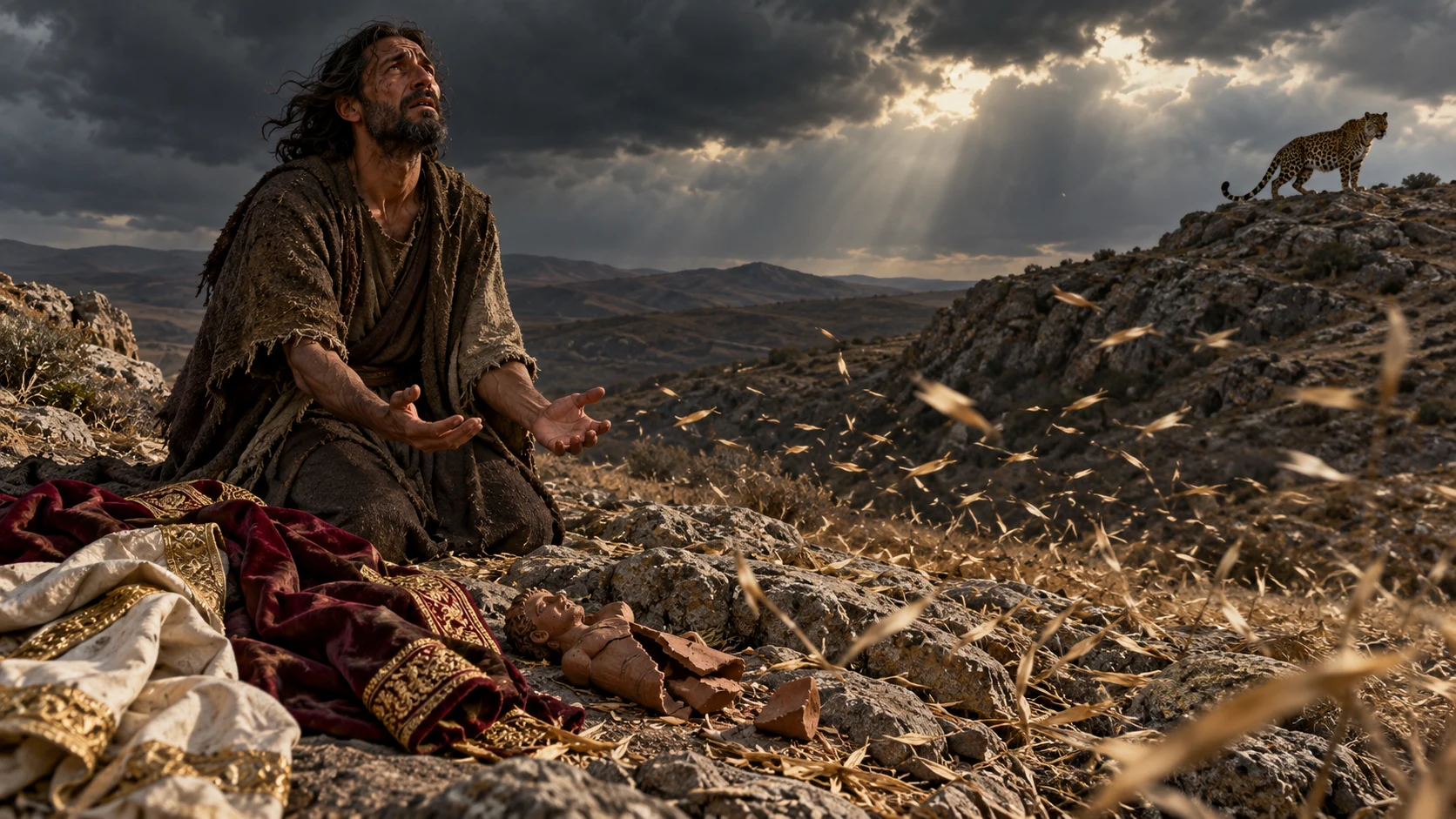 Jeremiah watches chaff blow past discarded finery and a broken idol on a barren ridge.