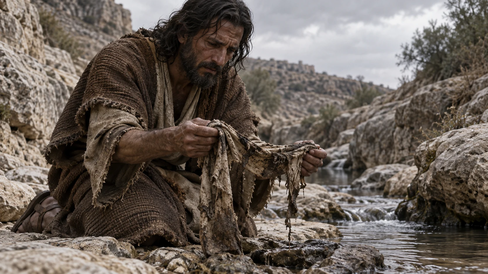Jeremiah retrieves the ruined linen band from a rock crevice.