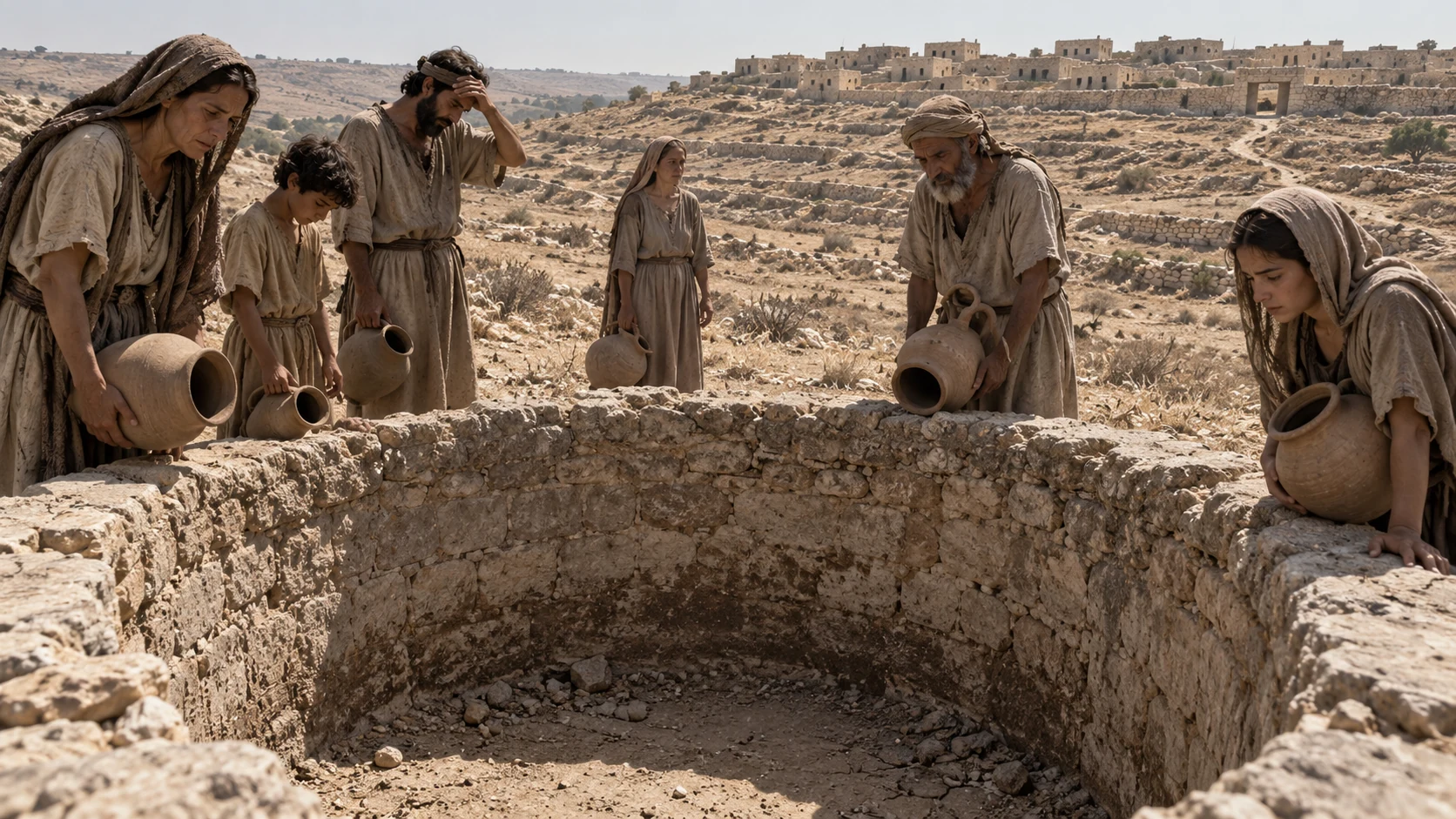 Villagers look into a dry stone cistern with empty jars, while parched terraces rise toward a simple town.