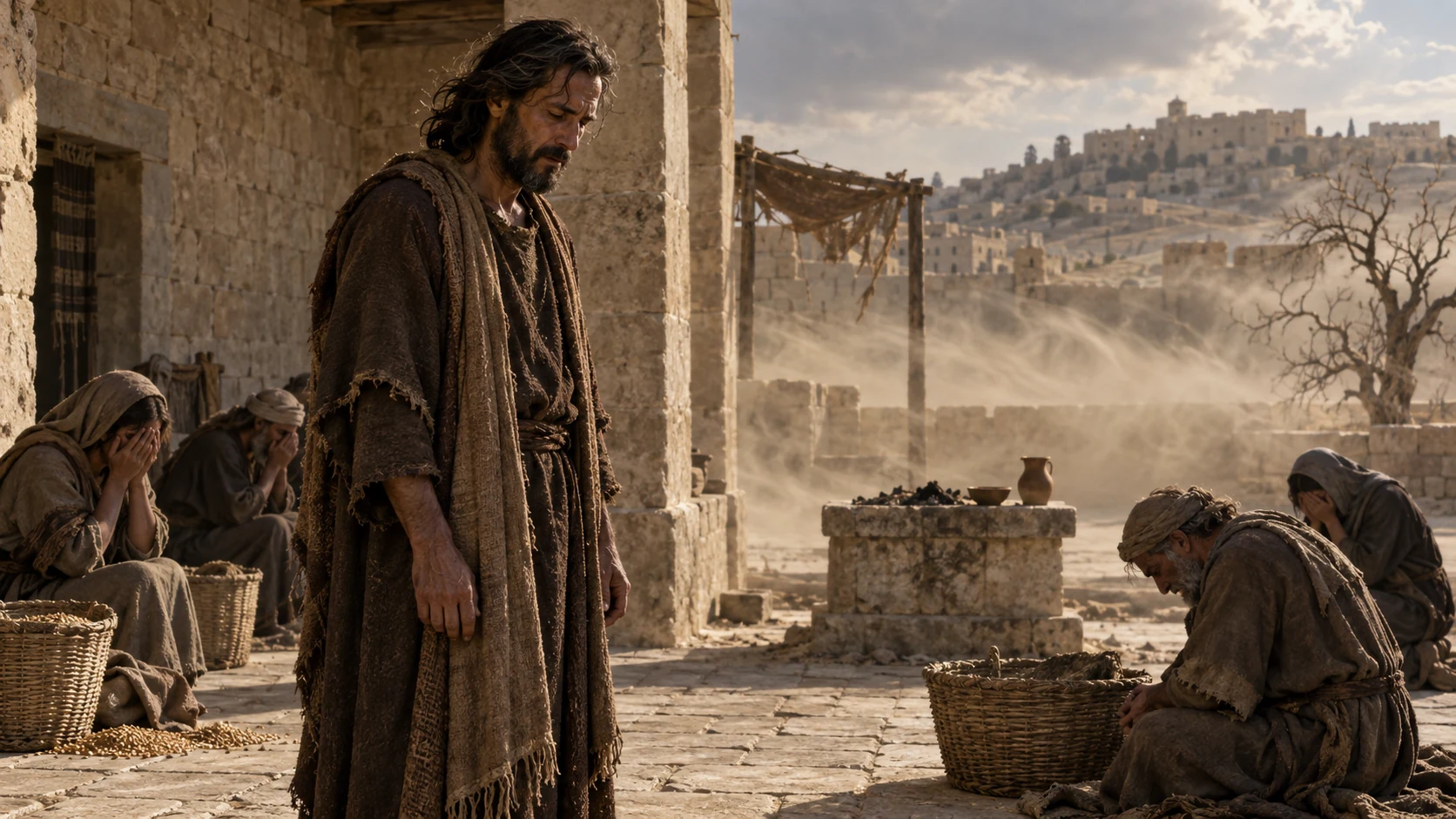 Jeremiah stands in a simple ancient courtyard amid fasting townspeople and a dry wind.