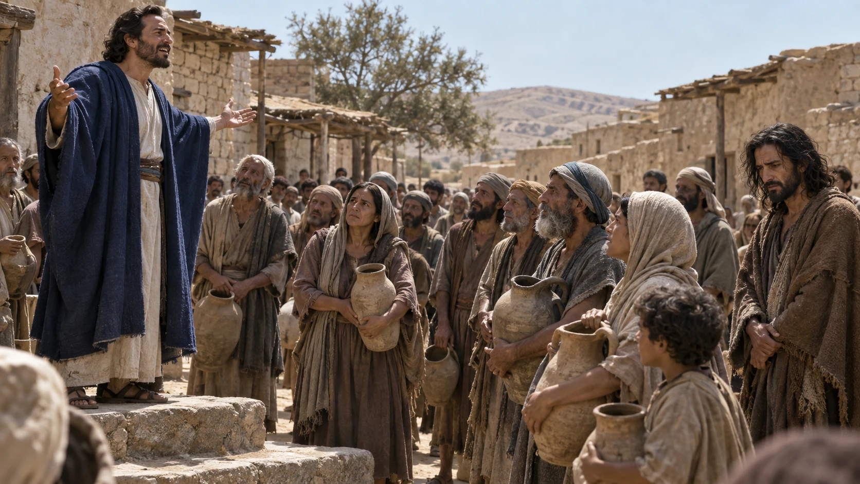 A confident speaker addresses thirsty villagers holding empty jars while Jeremiah watches at the crowd’s edge.