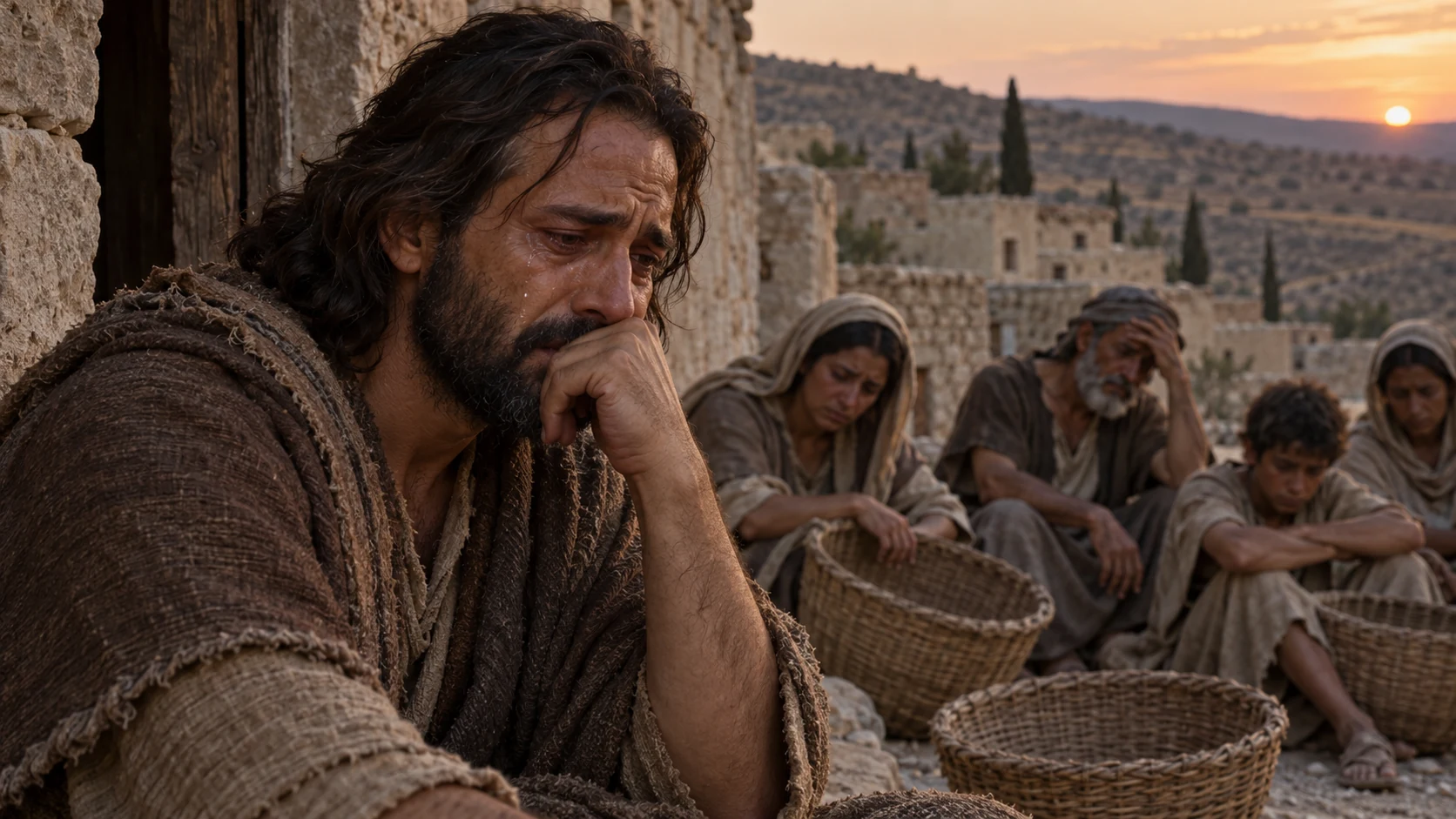 Tearful Jeremiah sits beside exhausted villagers and empty grain baskets at sunset.