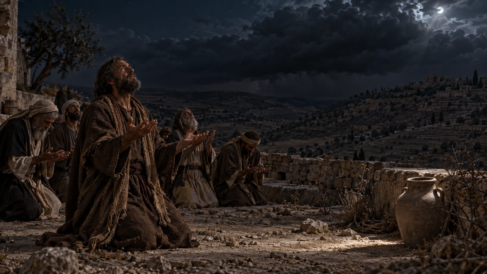 Jeremiah and elders pray on a dry terrace beneath gathering clouds, with an empty water jar before them.