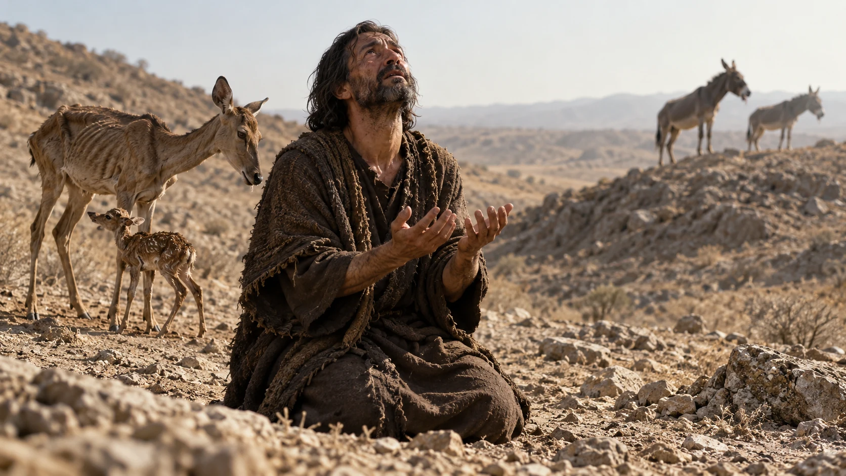 Jeremiah prays on a barren hillside beside a doe and fawn; wild donkeys stand on distant heights.