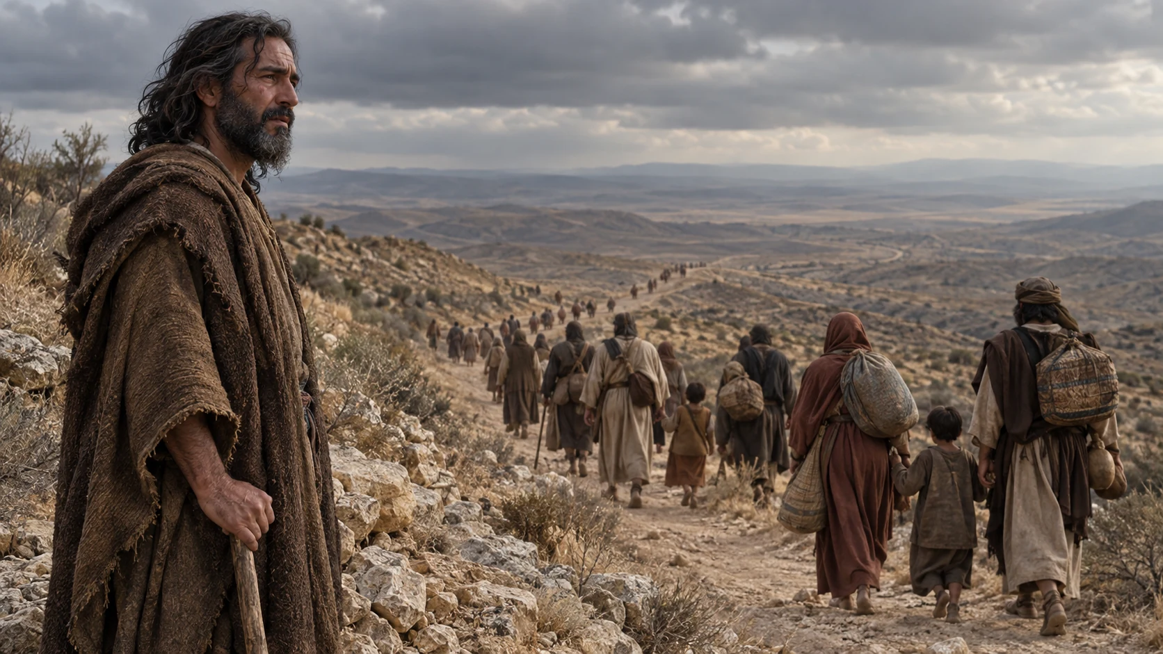 Jeremiah watches displaced Judean families travel over a dry hill toward a distant horizon.