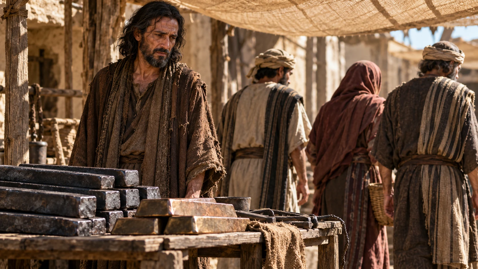 Villagers turn away from Jeremiah beside iron and bronze ingots in a rural marketplace.