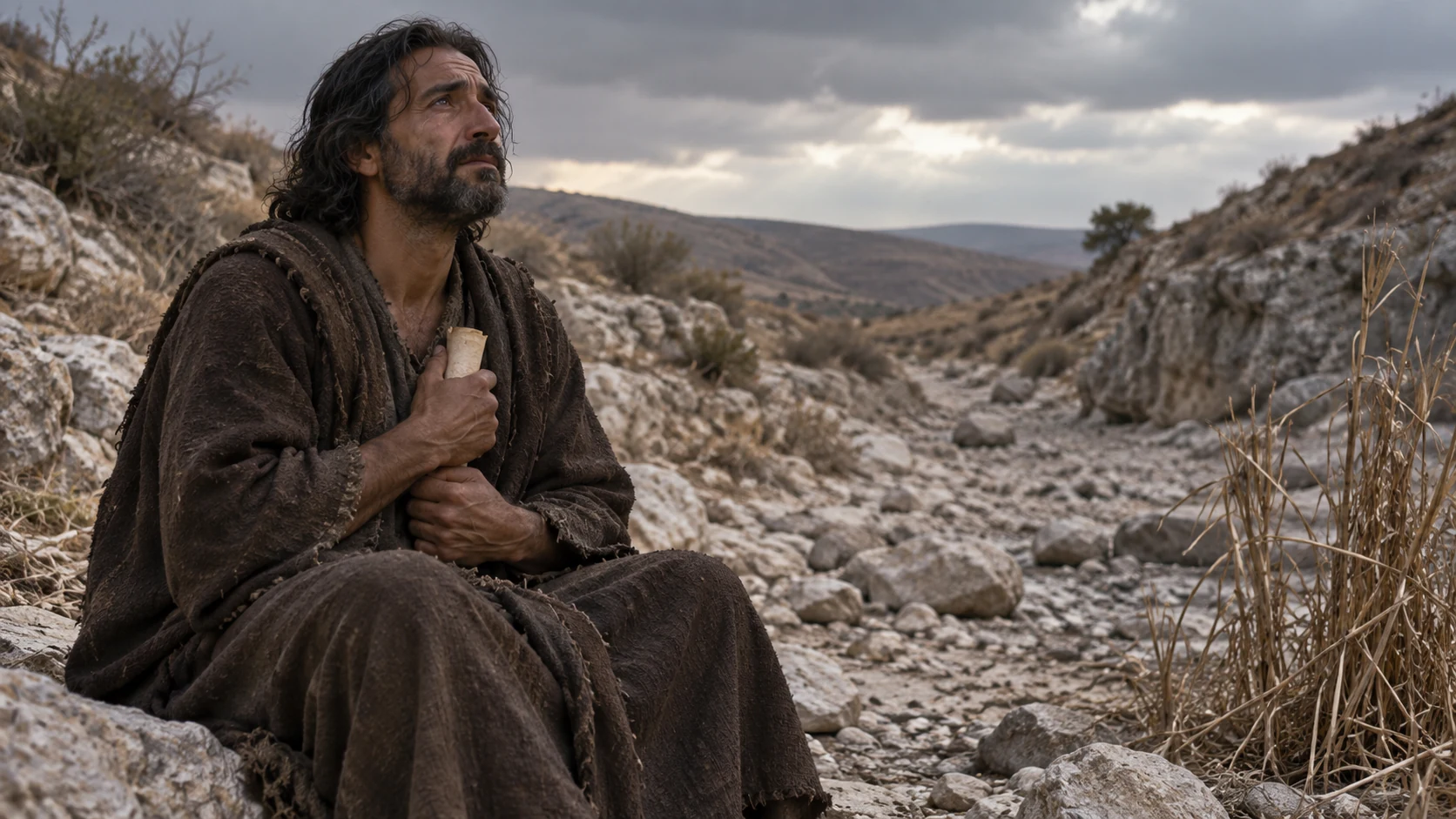 Jeremiah holds a scroll beside a dry streambed under a troubled sky.
