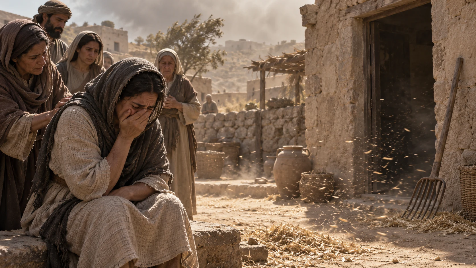 A woman mourns in a humble courtyard as chaff blows past an unused winnowing fork.