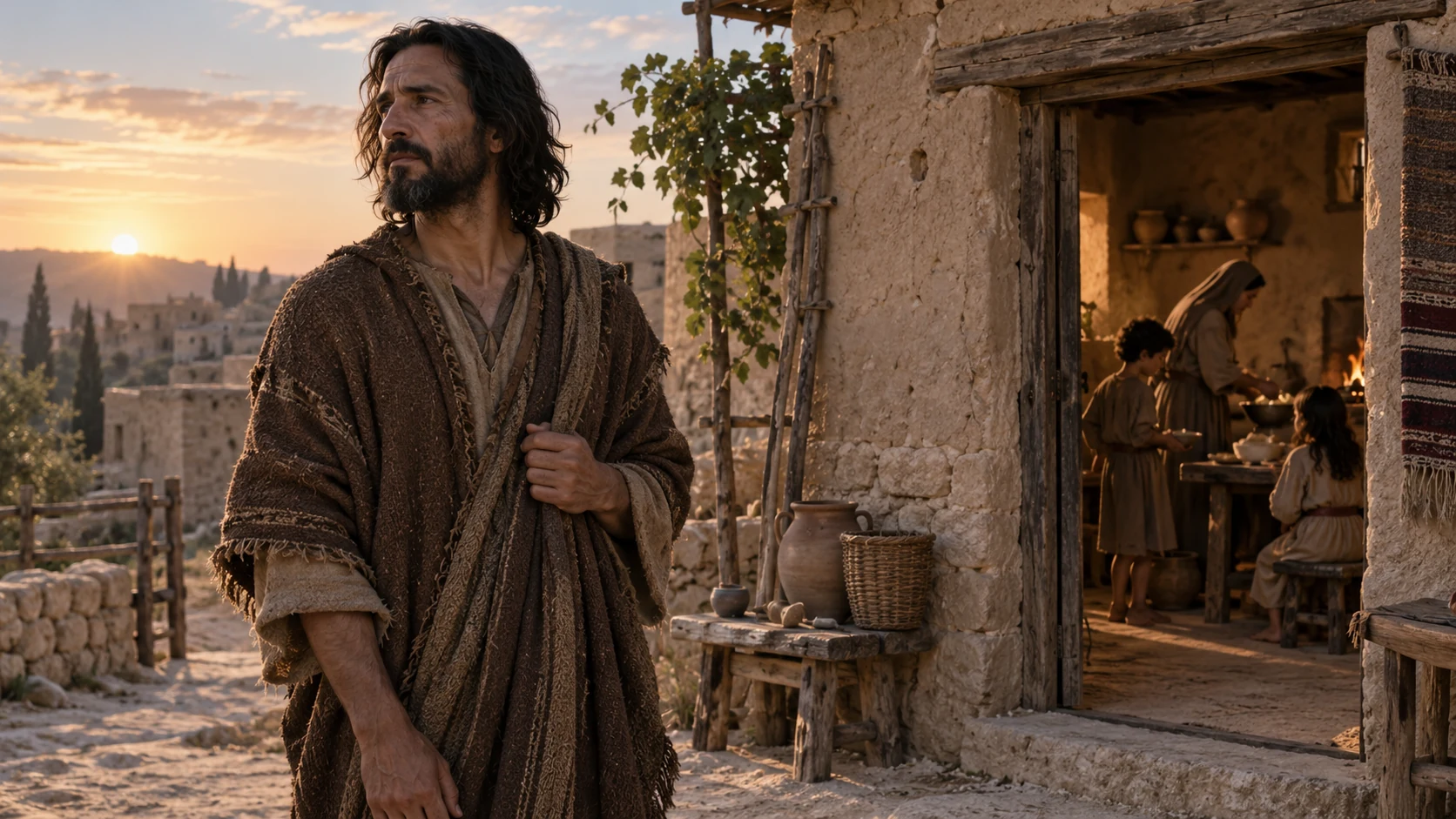 Jeremiah stands apart from a family at an ancient Judean doorway at dawn.