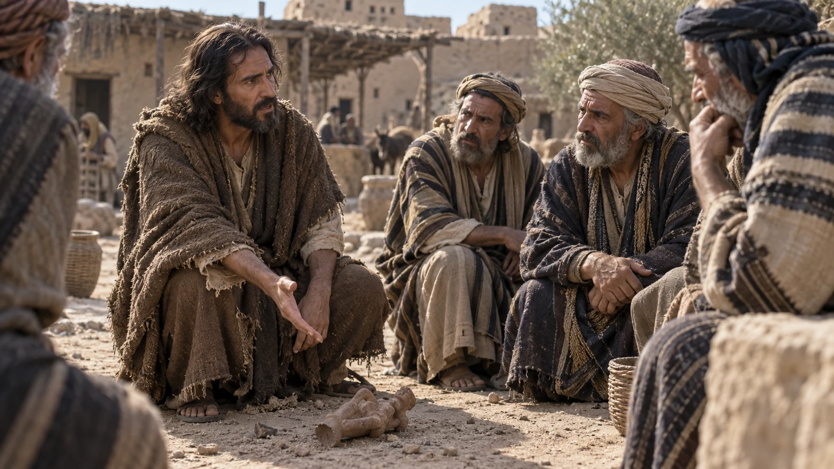 Jeremiah speaks with troubled elders beside a broken household idol in a village square.