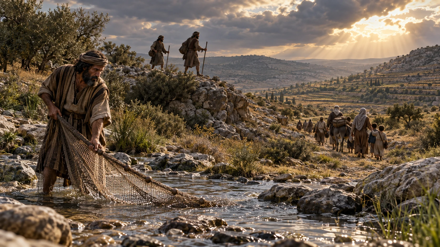 A fisherman draws a net through a stream, trackers cross a ridge, and families approach the terraced homeland.