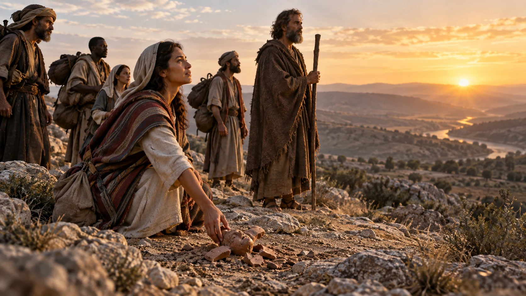 Travelers at a rocky overlook leave a broken clay idol behind as Jeremiah witnesses sunrise.
