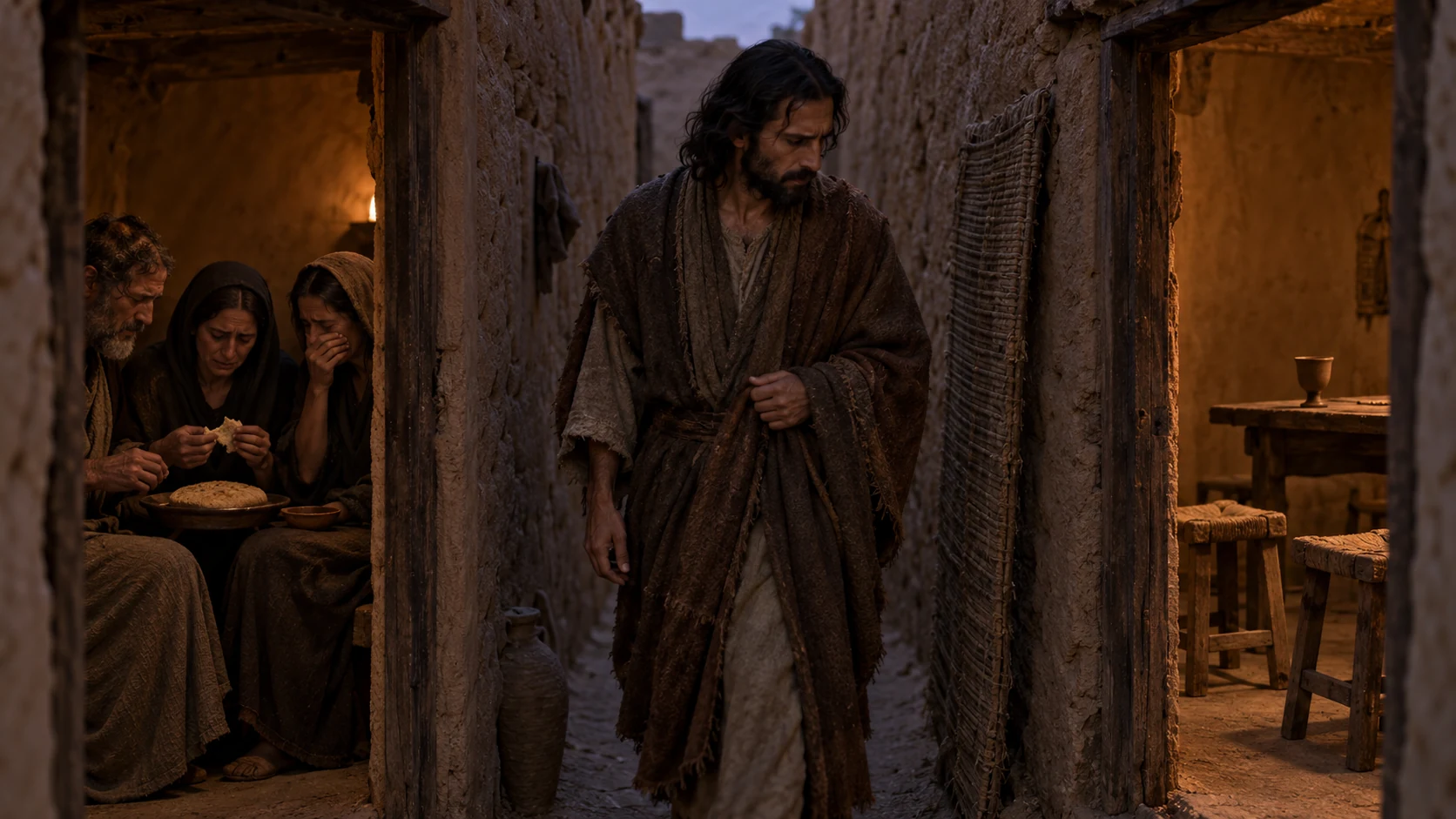 Jeremiah passes a mourning household and a vacant room prepared for celebration in a narrow alley.