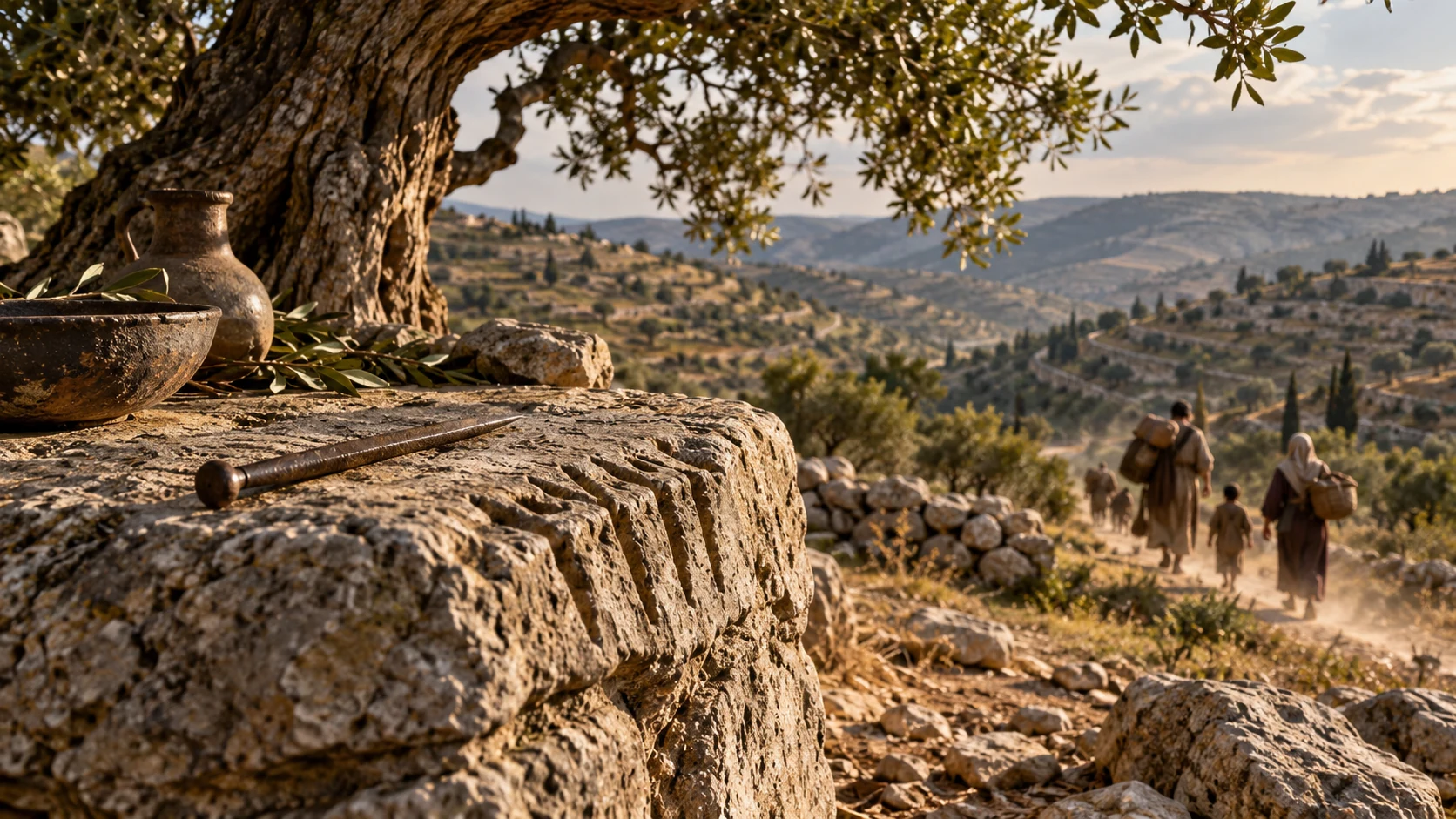 An iron stylus lies on an incised high-place altar as a family travels away in the distance.
