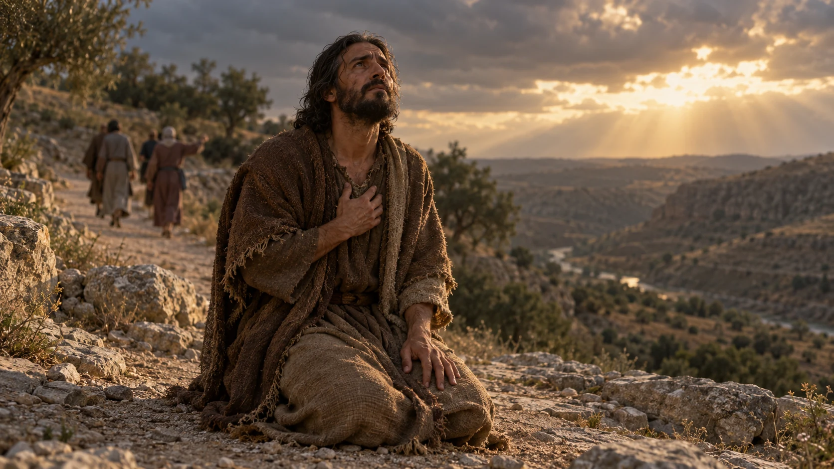 Jeremiah kneels in prayer on a rocky terrace as distant townspeople turn away.