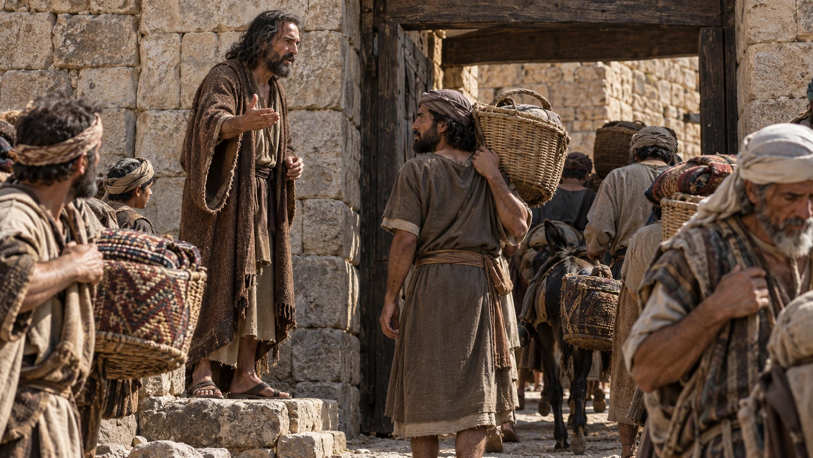 Jeremiah addresses loaded traders at a simple stone and timber gateway.