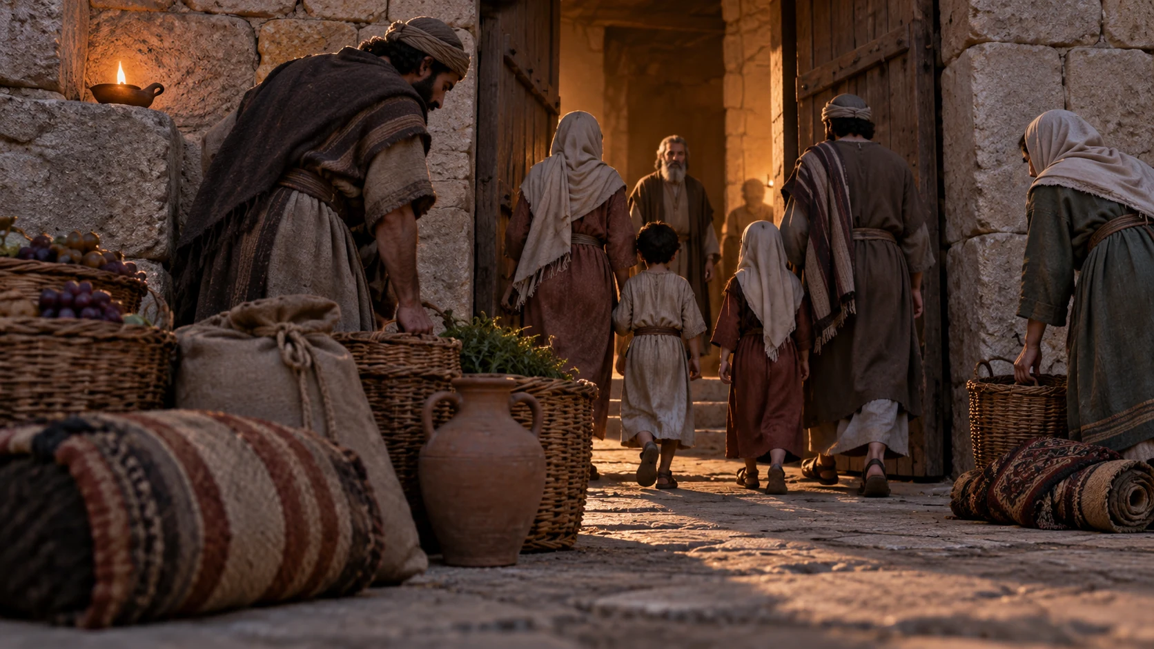 Families set their loads outside the gate and enter empty-handed at dusk.