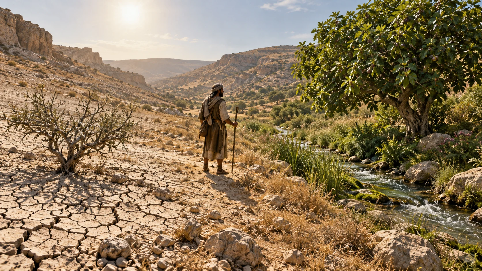 A traveler stands between a barren shrub in salt soil and a fruitful tree beside a stream.