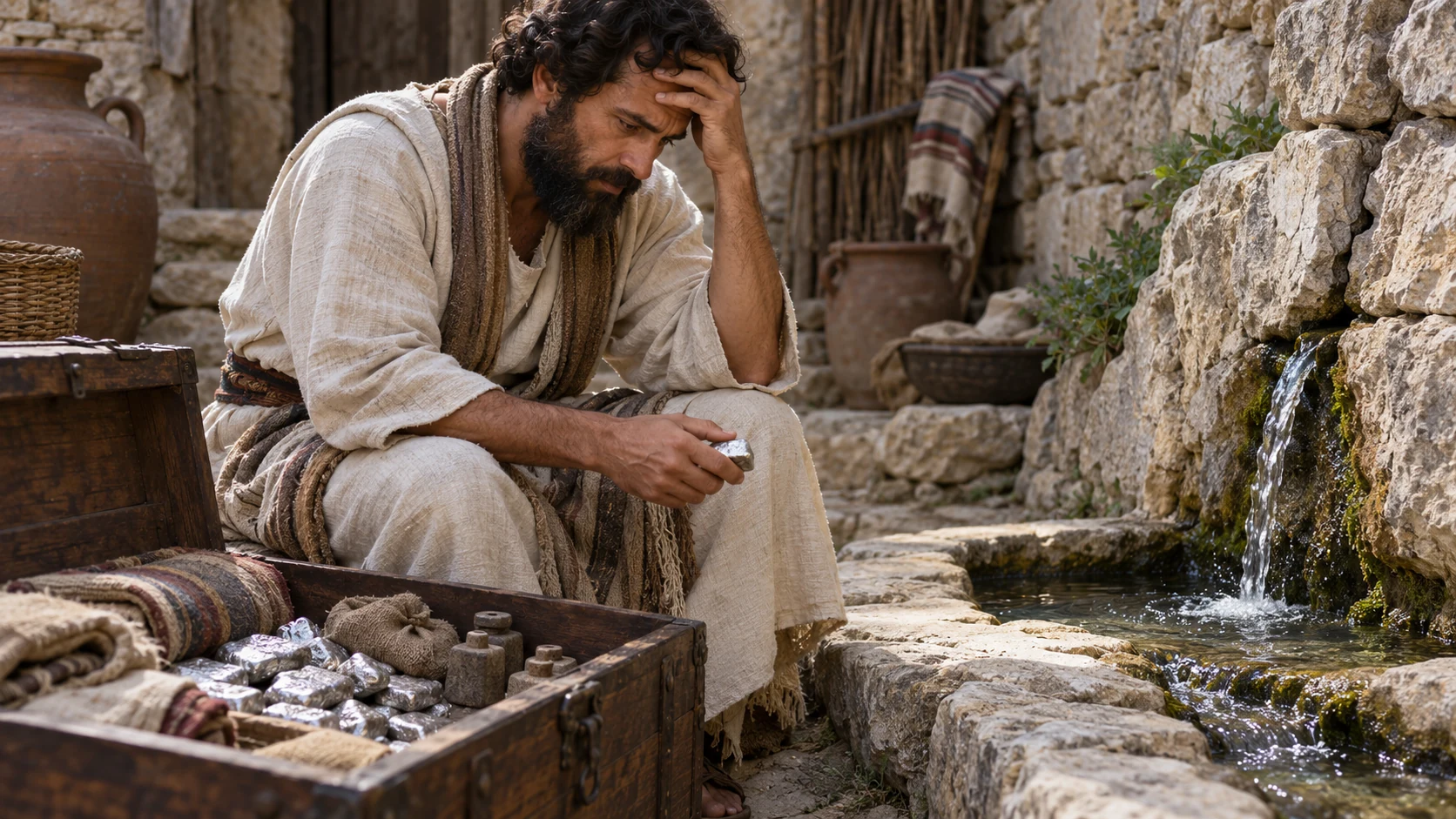A troubled merchant sits beside weighed silver while a clean spring flows nearby.