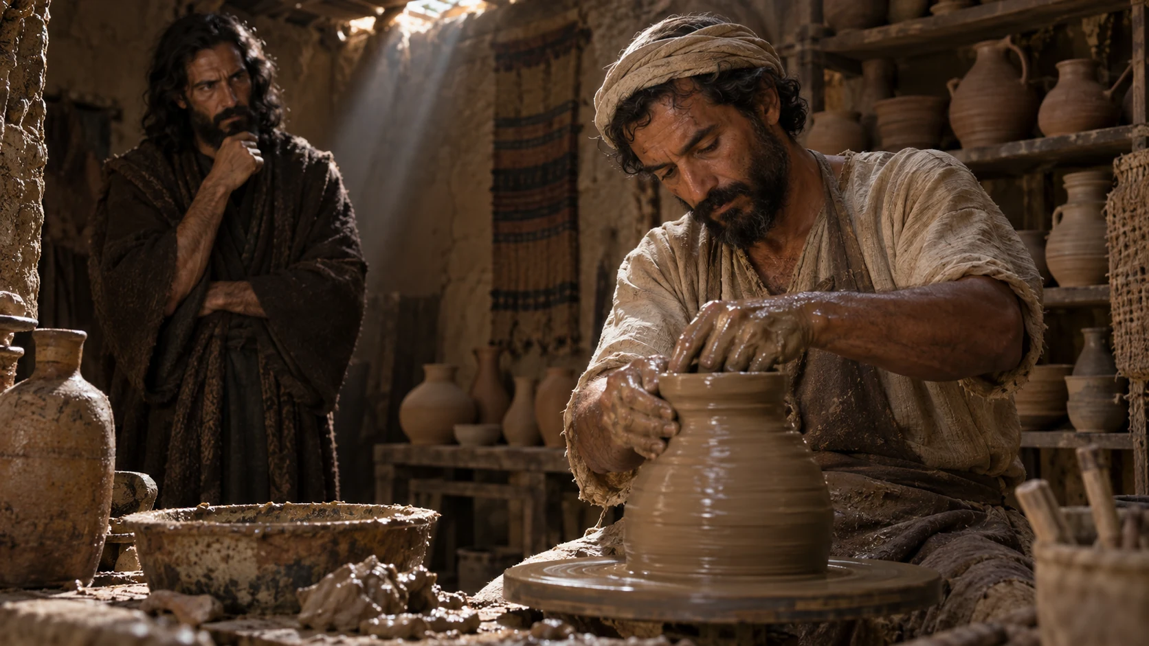 Jeremiah studies a Judean potter remaking a wet clay vessel at a low wheel.