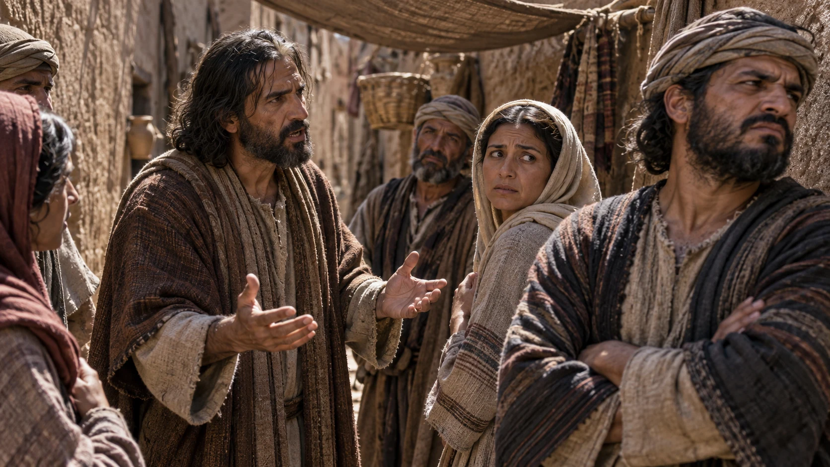 Jeremiah appeals to a group in a narrow lane while one man turns away.