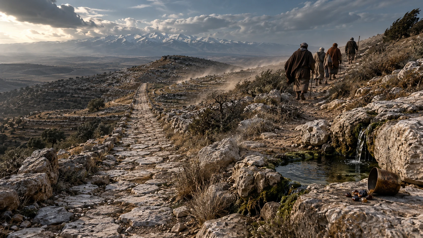 Travelers leave a clear old path for a rough track above a cold stream and windblown hills.