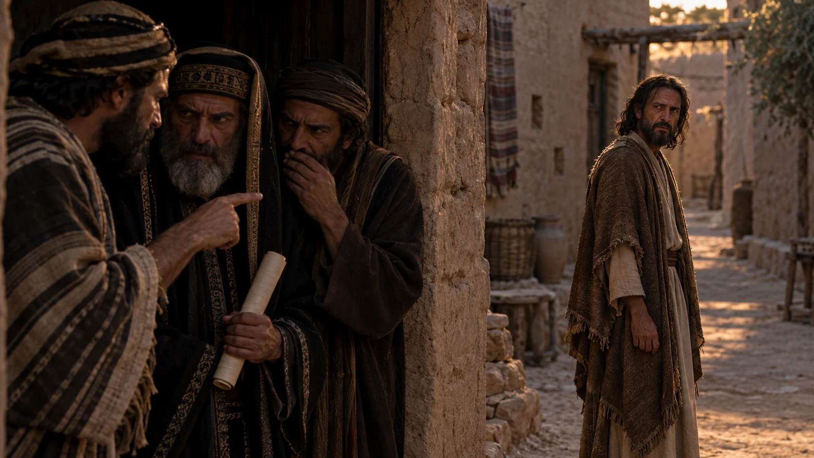 Three men whisper in a doorway while Jeremiah stands alone in the fading light.